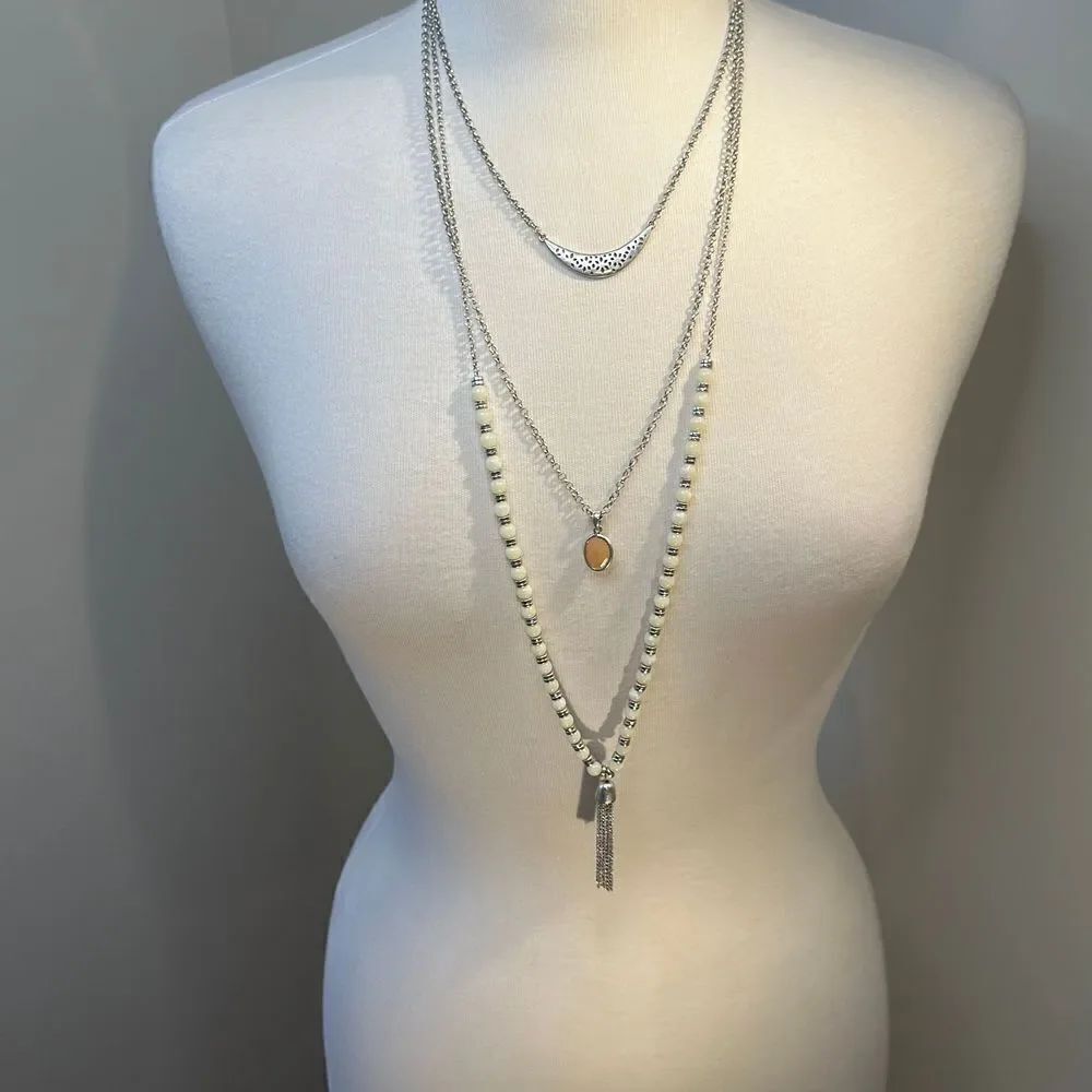 Three strand Long statement necklace, yellowish gem, stamped out metal tassel